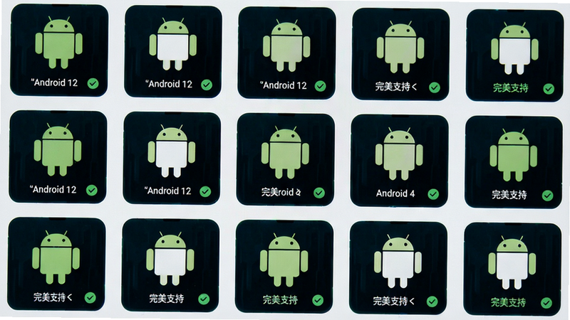 主体为手机兼容性列表界面,布局显示不同Android版本图标,排版网格状,风格科技感,细节显示对勾标识,画质清晰,干净,无多余元素,文字引号