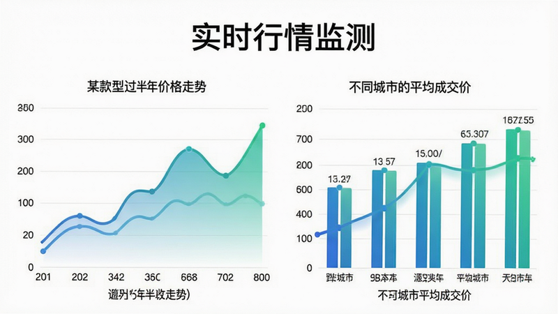 数据可视化图表,左侧为折线图展示某款车型过去半年的价格走势,右侧为柱状图对比不同城市的平均成交价。图表配色为蓝绿渐变,背景干净白色,上方有文字“实时行情监测”,字体清晰无衬线。