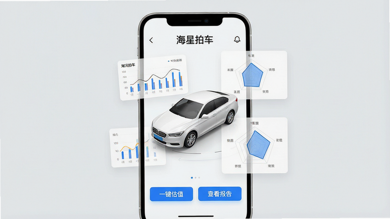 一张现代简约风格的UI设计图,主体为手机界面,背景为浅灰色。界面中央显示一辆白色轿车的3D模型,周围环绕着数据图表和车况评分雷达图。界面顶部清晰显示文字“海星拍车”,底部有“一键估值”和“查看报告”两个蓝色按钮。整体风格科技感强,布局整洁,高清渲染,无多余装饰元素。