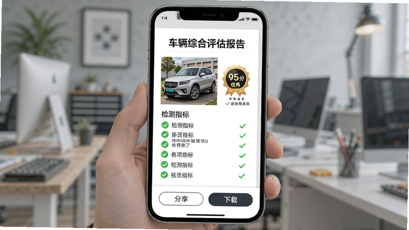 手机屏幕显示一份精美的PDF报告预览,标题为“车辆综合评估报告”,内含车辆照片、评分徽章(95分优秀)、以及各项检测指标的打勾列表。界面设计简约商务风,底部有“分享”和“下载”按钮。