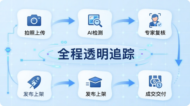 流程图样式,展示从“拍照上传”到“AI检测”、“专家复核”、“发布上架”、“成交交付”五个步骤,每个步骤配有简洁图标,箭头连接流畅,背景为淡蓝色科技网格,中心文字“全程透明追踪”醒目显示。