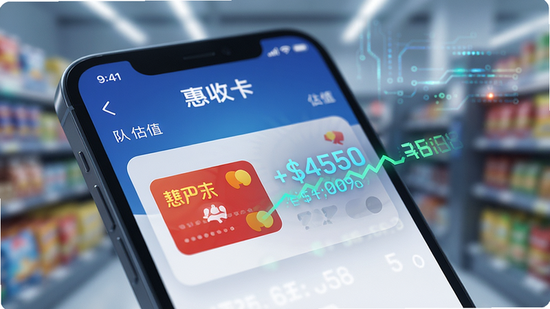 特写镜头展示手机屏幕上的“惠收卡”APP估值界面,屏幕上显示一张虚拟的超市礼品卡图标,旁边有动态的数字跳动效果表示估值金额,背景虚化处理,突出屏幕内容,科技感强烈,光影柔和,高清渲染