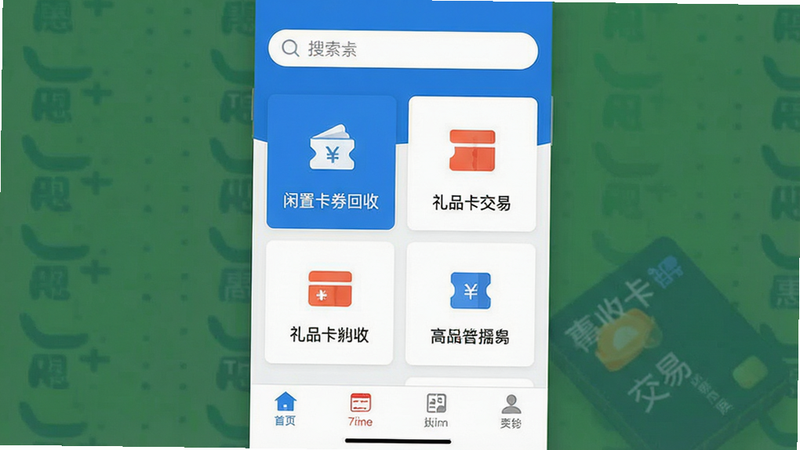 一张高清扁平化风格的应用界面预览图,主体为“惠收卡”APP首页,顶部显示搜索栏,中间展示“闲置卡券回收”、“礼品卡交易”等核心模块,底部为导航栏,整体色调以蓝白为主,布局清晰整洁,无多余装饰元素,4k高清,细节丰富