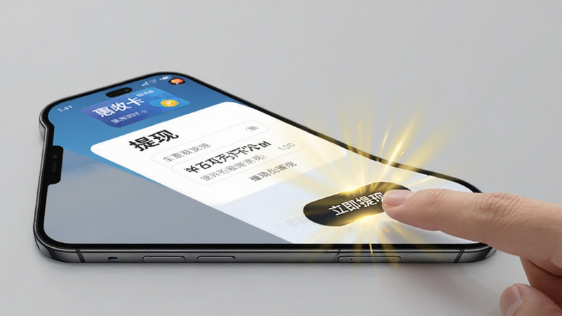 手机侧视图,屏幕上显示“惠收卡”APP的提现页面,一个手指正在点击“立即提现”按钮,周围有金色的光效表示资金到账,背景干净简洁,突出操作便捷性,写实风格