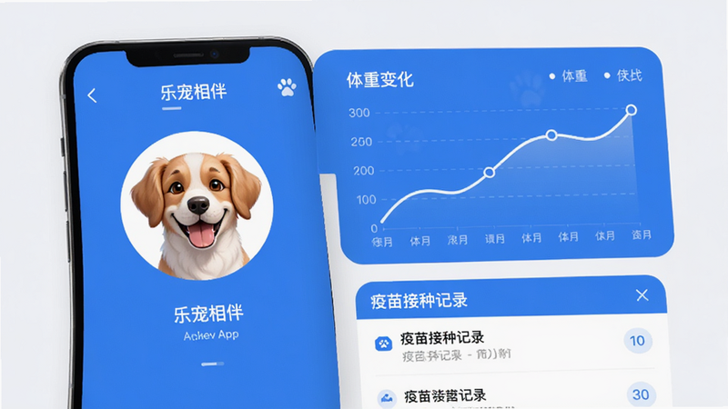 生成一张UI设计展示图,展示乐宠相伴APP的健康档案页面,左侧为宠物头像,右侧为折线图展示体重变化,下方列表显示疫苗接种记录,界面采用蓝白配色,字体清晰,布局紧凑,风格现代简约,画质高清,无水印