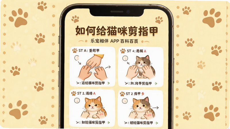生成一张知识卡片风格的插图,展示乐宠相伴APP的百科页面,卡片上印有