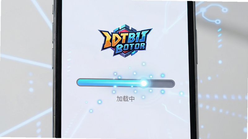 主体为手机屏幕显示的游戏加载界面,布局中心是一个进度条,上方显示游戏Logo。排版简洁,风格为现代科技感,细节处可见加载动画的光点效果。画质清晰,明亮,无多余元素,图中文字“加载中”以灰色小字显示在进度条下方。