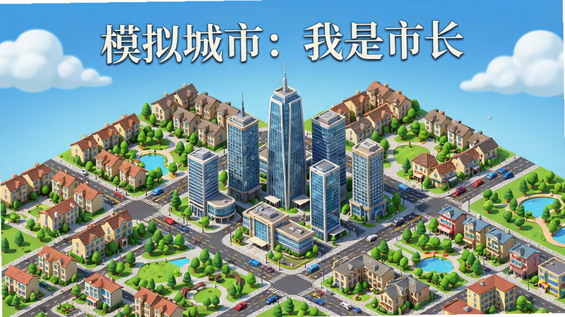 主体为一张精美的等距视角(Isometric)城市全景图,布局中心是一座宏伟的现代市中心高楼群,周围环绕着整齐的住宅区、绿树成荫的公园和复杂的交通路网。排版上,城市占据画面中心,背景为清新的蓝天白云,风格为高清写实与卡通渲染结合,细节丰富,展现繁华都市景象。画质4k,干净,无多余元素,图中文字“模拟城市:我是市长”以优雅字体悬浮于顶部。