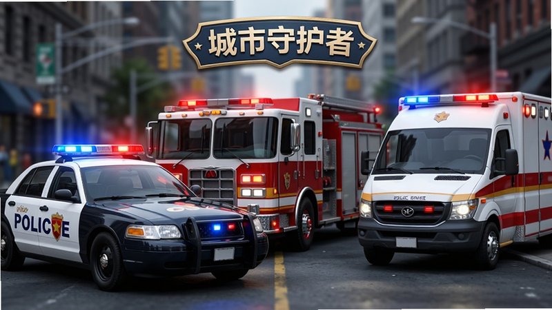 主体为一组城市服务车辆,布局包含一辆警车、一辆消防车和一辆救护车并排停放,背景是模糊的城市街道。排版紧凑,风格为写实游戏美术,细节处可见车辆警灯闪烁的效果和车身反光。画质高保真,干净,无多余元素,图中文字“城市守护者”以徽章形式呈现。