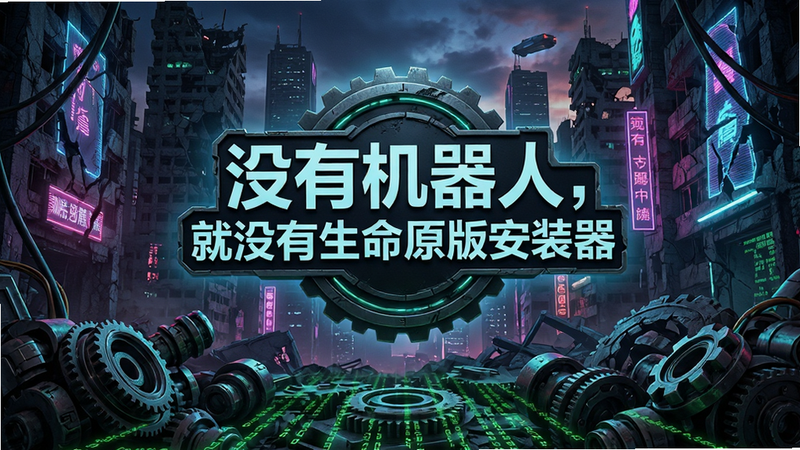 一张充满赛博朋克风格的数字艺术图,主体是“没有机器人,就没有生命原版安装器”的Logo悬浮在中心,背景是破碎的霓虹城市废墟,前景有复杂的机械零件和绿色代码流,布局中心对称,排版清晰,风格科幻硬核,细节丰富,8k画质,干净无多余元素