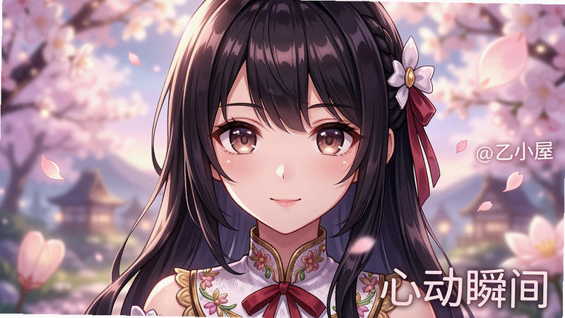 主体为乙女传说@乙小屋游戏角色立绘展示,布局为全屏大图,背景为虚化的浪漫场景,排版突出人物面部表情,风格为高精度二次元渲染,细节包括发丝光泽与服饰纹理,画质4K,干净,无多余元素,画面中显示文字