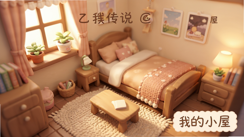 主体为乙女传说@乙小屋游戏房间布置界面,布局为第一人称视角,展示温馨舒适的卧室场景,排版突出家具细节,风格为暖色调室内渲染,细节包括地毯纹理与窗台绿植,画质柔和,干净,无多余元素,画面中显示文字