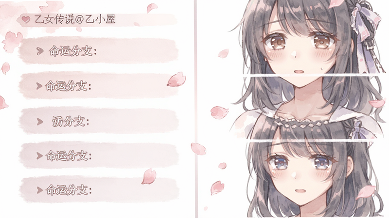 主体为乙女传说@乙小屋游戏剧情选择界面,布局为左右分栏,左侧显示选项文字,右侧显示角色反应特写,排版紧凑,风格为柔和水彩风,细节处有花瓣飘落特效,画质细腻,干净,无多余元素,画面中显示文字