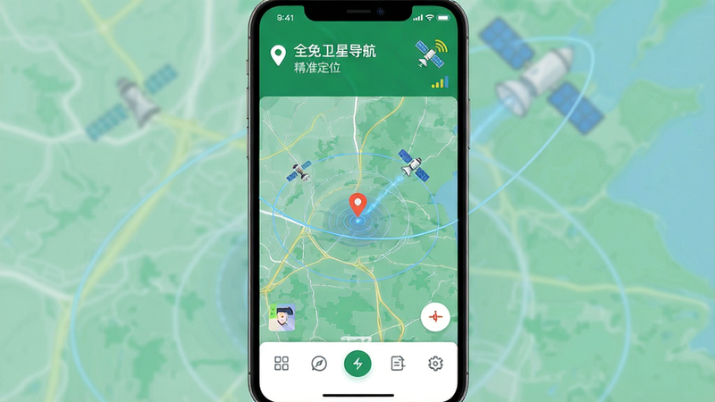 主体为全免卫星导航APP的手机界面截图,布局清晰,顶部显示当前定位状态与卫星信号强度图标,中间为高清地图视图,底部为简洁的操作栏,风格为现代科技感,细节处体现卫星轨道与定位点的视觉连接,画质高清,干净,无多余元素,文字包含