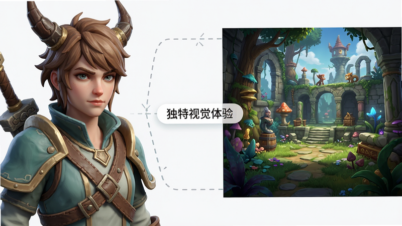游戏美术风格展示图,左侧为角色特写,右侧为关卡背景,中间用虚线连接,标注“独特视觉体验”,整体色调清新,细节丰富,高清渲染,干净背景