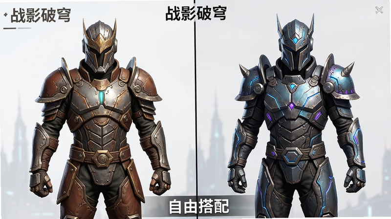 《战影破穹》角色装备界面预览图,主体是角色穿着不同风格盔甲的对比展示,布局左右分屏,排版整齐,风格明亮清晰,细节纹理清晰可见,画质高保真,干净,无多余元素,文字