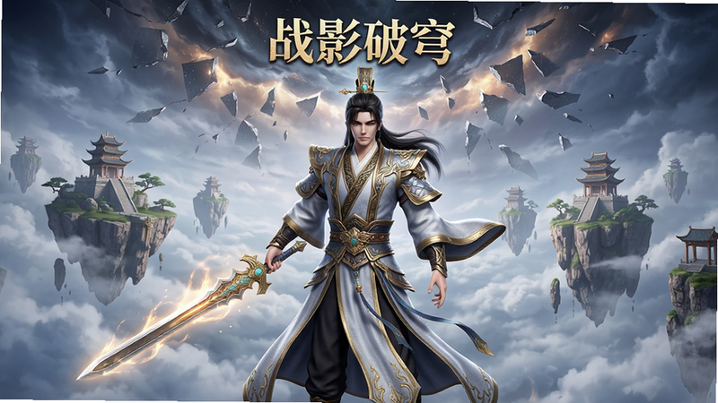 一张展示《战影破穹》游戏主界面的全景图,主体是身穿华丽仙侠服饰的角色手持发光长剑,背景是云雾缭绕的悬浮仙岛与破碎的苍穹特效,布局居中对称,排版清晰,风格为高品质3D写实渲染,细节丰富,画质4K,干净无多余元素,文字