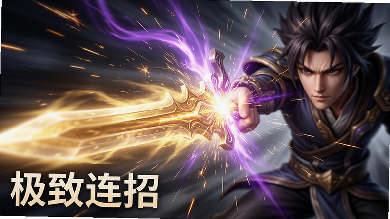 《战影破穹》战斗特效特写图,主体是角色释放技能时产生的金色剑气与紫色灵能碰撞效果,布局动态倾斜,排版紧凑,风格动感模糊与清晰结合,细节火花四溅,画质高清,干净,无多余元素,文字
