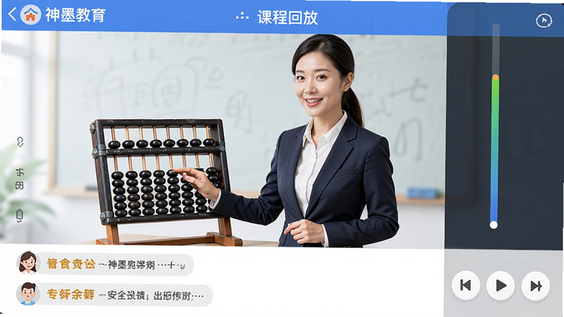 ��ī����APP�ڵĿγ̻طŽ��棬��ʾһλ����ְҵװ��Ů��ʦ���ڽ������̣������Ҳ��������Ľ������Ͳ��ſ��ư�ť���·�������������ʾ�������ҳ��Ļ����������������࣬����������ɫ�ʴ����г������