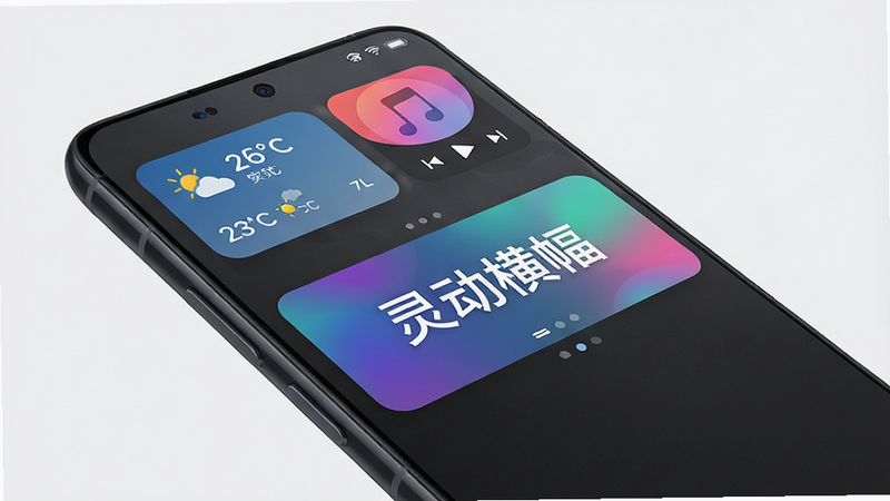 主体为一部现代智能手机,屏幕显示动态横幅界面,布局清晰,顶部有实时天气和音乐播放卡片,背景为深色磨砂质感,风格简约科技,细节丰富,文字清晰显示
