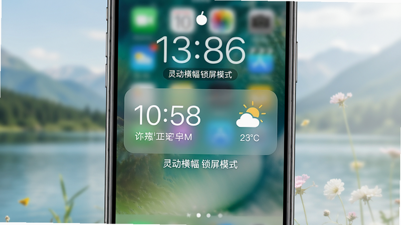 展示手机锁屏界面,中间有一个半透明的动态横幅卡片,显示时间和天气,背景是模糊的风景图,布局居中,风格清新自然,细节精致,文字显示