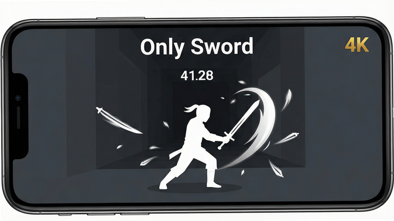 主体为一部现代智能手机屏幕,显示着名为“Only Sword”的游戏界面,画面中央是一个极简风格的白色剑客剪影,手持长剑正在挥砍,背景是深灰色的几何障碍通道,布局居中对称,排版简洁现代,风格为扁平化UI设计,细节包含飘落的白色剑气特效和高分数字显示,画质高清4K,干净无多余元素,文字“Only Sword”位于屏幕顶部中央,字体白色无衬线体