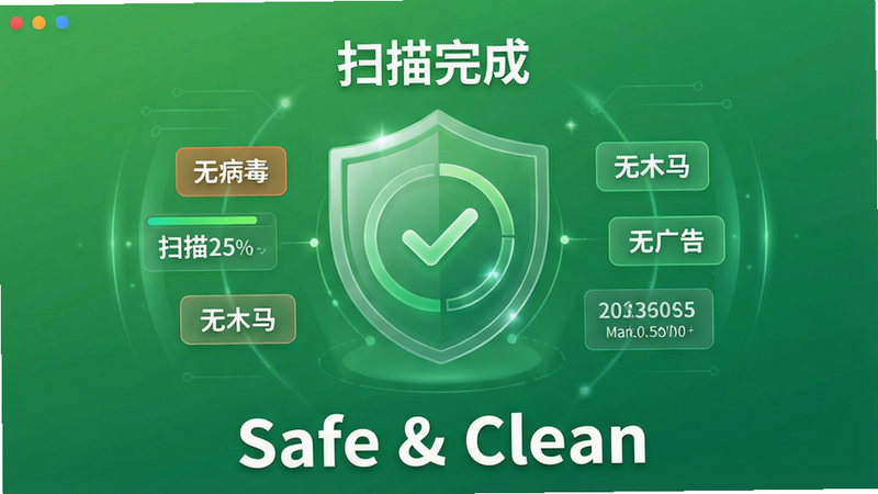 主体为安全扫描报告界面,显示“扫描完成”字样,布局为中央圆形对勾图标,周围环绕着“无病毒”、“无木马”、“无广告”等标签,背景为绿色渐变,风格为科技感安全盾牌UI,细节包含扫描进度条和文件哈希值,画质高清,干净无多余警告图标,文字“Safe & Clean”位于底部,字体白色加粗