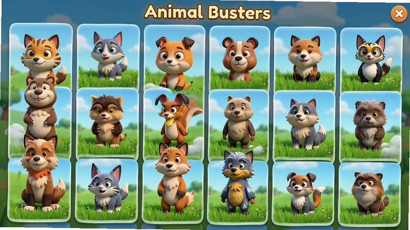 展示Animal Busters中的动物图鉴界面,布局为网格状排列,多个可爱的3D动物模型站在草地上,背景为蓝天绿地,风格为写实卡通,细节清晰,毛发质感逼真,画质优秀,无杂乱元素