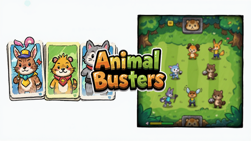 主体为Animal Busters游戏主界面,布局呈现左右对称结构,左侧展示一排Q版动物角色卡片,右侧为对战场景,中央显示“Animal Busters”标题,风格为卡通手绘,细节丰富,色彩明亮饱和,画质高清,无多余元素,干净背景