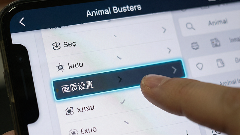 手机屏幕显示Animal Busters设置界面,布局清晰,高亮显示“画质设置”选项,手指正在点击,风格为UI截图,细节准确,文字清晰,画质高,无水印
