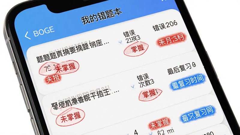 ����Ϊһ���ֻ����棬��ʾ���ҵĴ��Ȿ��ҳ�棬����Ϊ�б���ʽ��ÿ����¼������ĿժҪ��������������ϰʱ�䣬����࣬ϸ�ڴ��к�ɫ��Ǳ�ʾδ���գ���ɫ��ʾ�����գ����ʸ��壬�ɾ��޶���Ԫ��