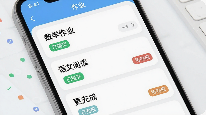 手机应用界面示意图,显示作业列表页面,包含“数学作业”、“语文阅读”等条目,每个条目下有“已提交”或“待完成”的状态标签,配色清新,字体清晰,风格现代简约,细节丰富,画质高,干净