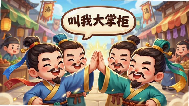 展示“叫我大掌柜”社交场景的概念图,多个卡通化的古代人物角色站在一起,做出欢迎、击掌等动作,背景是热闹的集市,布局紧凑活泼,排版充满动感,风格为Q版国风,细节处有飘带和光效,画质明亮,干净,无多余元素,文字“叫我大掌柜”以气泡形式出现