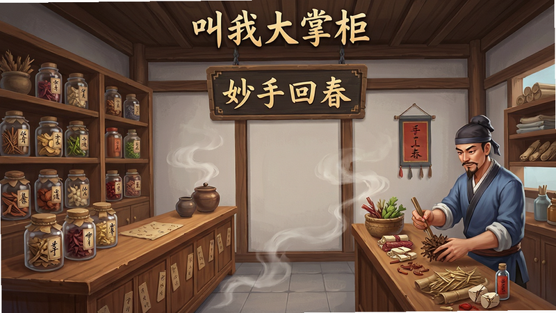 展示“叫我大掌柜”游戏界面的全景图,左侧是精致的中药铺柜台,摆放着各种药材瓶罐,右侧是忙碌的伙计正在抓药,中间悬挂着写有“妙手回春”的牌匾,布局左右均衡,排版清晰,风格为现代数字绘画结合传统国风,细节处可见木纹和药香缭绕的效果,画质超清,干净,无多余元素,文字“叫我大掌柜”位于画面顶部