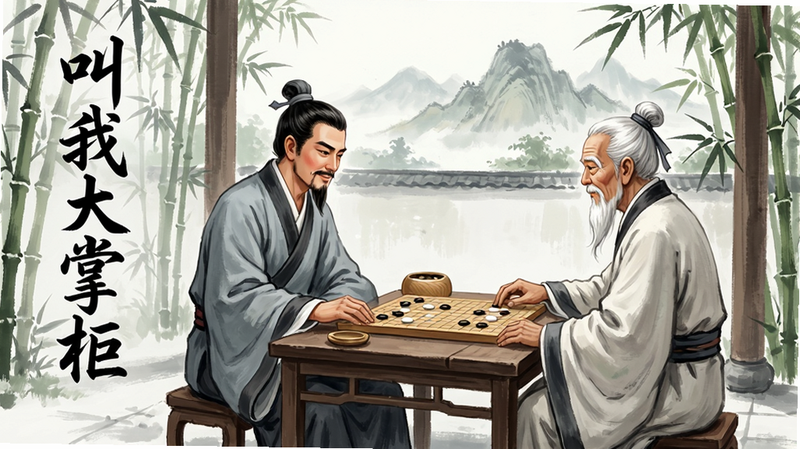 描绘“叫我大掌柜”游戏剧情场景的插画,主角与一位白发老者坐在庭院中对弈,周围种满了竹子,远处有山峦起伏,布局疏密有致,排版留白得当,风格为传统国画风格,细节处可见棋子纹路和衣袖褶皱,画质细腻,干净,无多余元素,文字“叫我大掌柜”以书法字体呈现于画面一侧