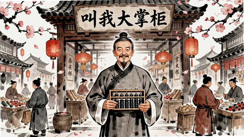 一幅高清的水墨风格插画,主体为古代中式大掌柜站在繁华的“叫我大掌柜”店铺门前,身穿长袍,手持算盘,背景是古色古香的街道和飘落的梅花,布局中心对称,排版简洁大气,风格为工笔重彩结合写意水墨,细节丰富,展现商业繁荣景象,画质8k,干净无多余元素,文字“叫我大掌柜”清晰可见