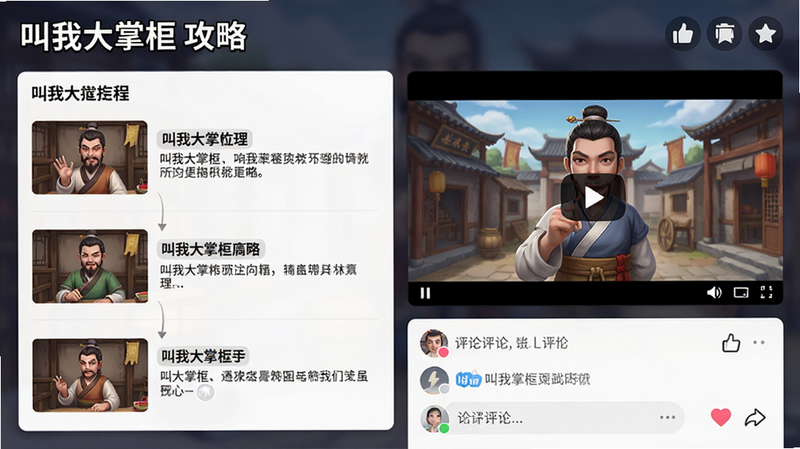 展示“叫我大掌柜”游戏攻略界面的概念图,左侧是图文结合的教程步骤,右侧是视频播放窗口,底部有评论区互动,布局模块化,排版整齐,风格为现代APP界面设计,细节处有点赞和收藏图标,画质高清,干净,无多余元素,文字“叫我大掌柜 攻略”作为标题显示