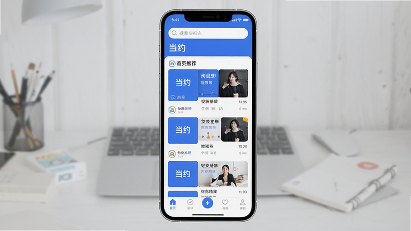 主体为“当约”APP的界面全貌展示,布局清晰,包含首页推荐列表、底部导航栏及顶部搜索框,排版简洁现代,风格为扁平化UI设计,细节处体现蓝色主色调与白色背景对比,画面中清晰显示“当约”文字标识,画质4k高清,干净无多余元素,无水印