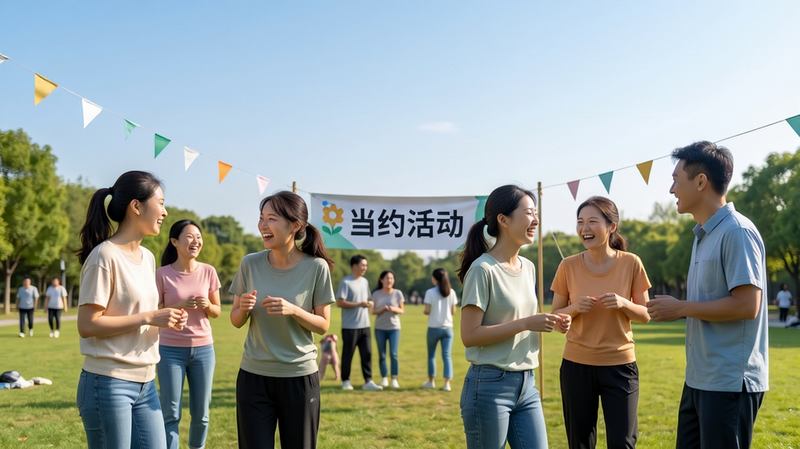 主体为户外公园场景下的一群人正在活动,布局开阔,排版自然,风格为写实摄影风,细节展示人物微笑互动与“当约活动”横幅,画面明亮温馨,画质高解析度,干净天空背景,无杂乱路人
