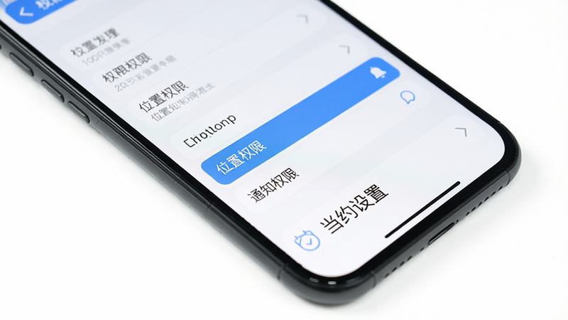 主体为手机屏幕显示设置界面,布局聚焦权限管理列表,排版整齐,风格为极简UI,细节处高亮“位置权限”与“通知权限”选项,画面下方显示“当约设置”文字,画质清晰,干净白色背景,无其他干扰元素