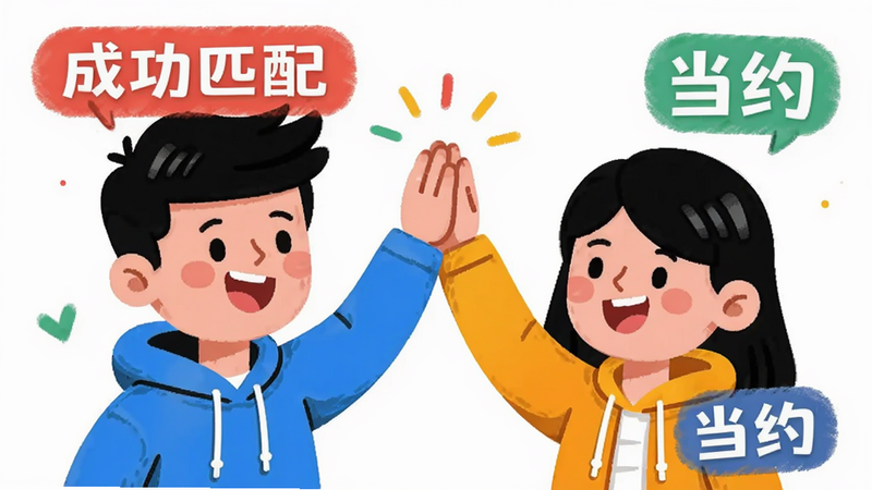 主体为两个卡通人物击掌庆祝,布局居中,排版活泼,风格为扁平化插画,细节展示“成功匹配”与“当约”字样,画面色彩明亮,画质高清,干净背景,无多余装饰