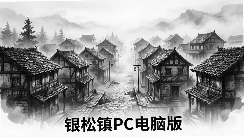 一张展示《银松镇PC电脑版》核心视觉图的高清图片,主体为黑白色调的迷雾小镇全景,布局居中,排版简洁大气,风格为写实与水墨结合,细节丰富展现街道与建筑质感,画质4K,干净,无多余元素,文字“银松镇PC电脑版”位于底部居中,字体清晰