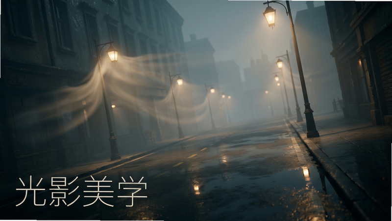 展示游戏场景光影效果的截图,主体为雾气缭绕的街道与路灯,布局对角线构图,排版平衡,风格为电影级质感,细节展现雾气流动与地面反光,画质极高,干净,无多余元素,文字“光影美学”位于左下角,字体纤细