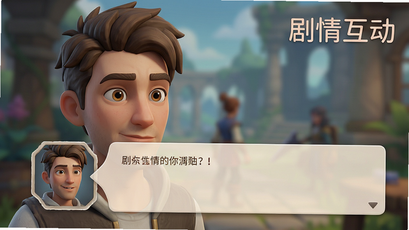 展示游戏内剧情对话界面的特写图,主体为角色头像与对话框,布局左右分栏,排版清晰,风格为半写实卡通,细节展现角色表情与背景虚化效果,画质高清,干净,无多余元素,文字“剧情互动”位于右上角,字体柔和
