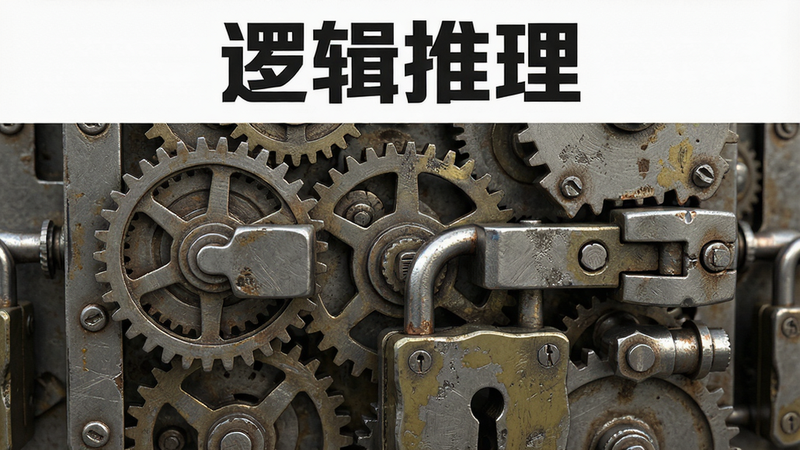 展示复杂谜题机关的特写,主体为齿轮与锁扣组合,布局中心聚焦,排版紧凑,风格为机械写实,细节展现金属质感与磨损痕迹,画质精细,干净,无多余元素,文字“逻辑推理”位于顶部居中,字体硬朗