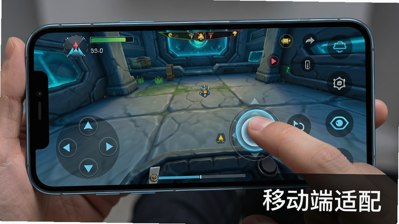 展示手机端运行游戏的界面截图,主体为手机屏幕中的游戏画面与虚拟按键布局,布局上下分层,排版清晰,风格为科技感,细节展现手指操作虚拟摇杆的动作,画质清晰,干净,无多余元素,文字“移动端适配”位于右下角,字体现代
