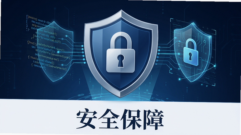 展示游戏安全认证标志与数据加密示意图,主体为盾牌图标与锁形符号,布局对称,排版简洁,风格为商务科技,细节展现代码流与保护屏障,画质高清,干净,无多余元素,文字“安全保障”位于底部居中,字体稳重