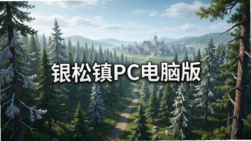 游戏主界面全景图,画面中央显示文字“银松镇PC电脑版”,背景是郁郁葱葱的银松森林与远处隐约可见的城镇轮廓,整体色调清新自然,采用写实风格,构图平衡,细节丰富,高清画质,无多余水印