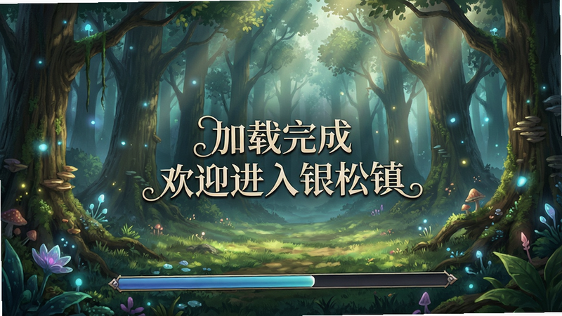 游戏加载界面,显示进度条与背景森林全景,画面中央文字“加载完成 欢迎进入银松镇”,字体优雅,背景光影梦幻,细节精致,高清画质