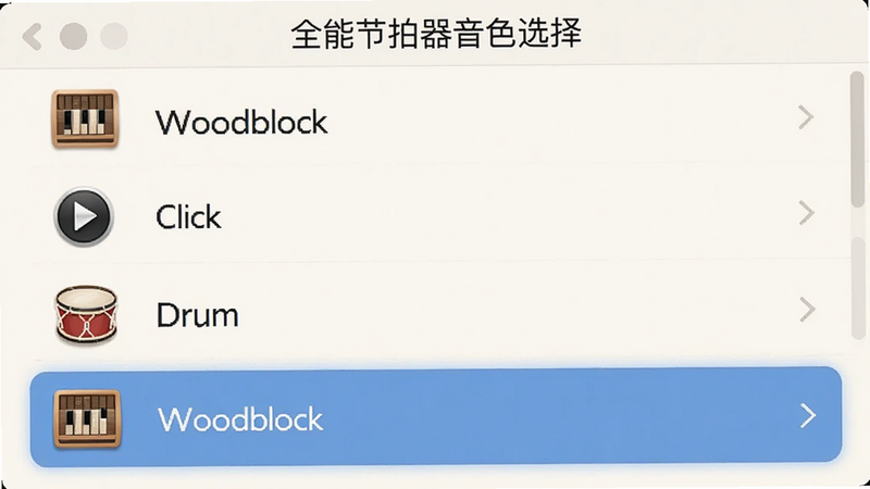 全能节拍器音色选择界面截图,展示列表中包含